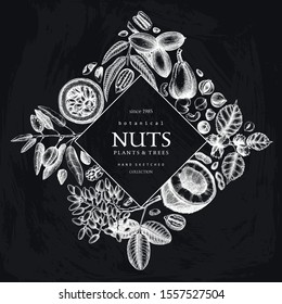 Hand drawn nut wreath design. With vector pecan, macadamia, hazelnut,walnut, almond, pistachio, chestnut, peanut, Brazil nut, hazelnut, coconut and cashew. Healthy food vector template on chalkboard.