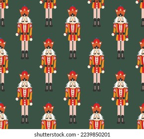 Hand Drawn Nutcracker Seamless Christmas Pattern Cute Illustration Trendy Colors Sweet Gift Concept Perfect for Allover Print Wrapping Paper or Decoration Dark Green Background