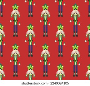 Hand Drawn Nutcracker Seamless Christmas Pattern Cute Illustration Trendy Colors Sweet Gift Concept Perfect for Allover Print Wrapping Paper or Decoration Red Background