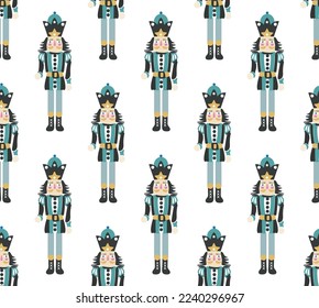 Hand Drawn Nutcracker Seamless Christmas Pattern Cute Illustration Trendy Colors Sweet Gift Concept Perfect for Allover Print Wrapping Paper or Decoration Blue Tones