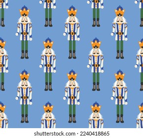 Hand Drawn Nutcracker Seamless Christmas Pattern Cute Illustration Trendy Colors Sweet Gift Concept Perfect for Allover Print Wrapping Paper or Decoration Sky Blue Background