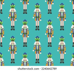 Hand Drawn Nutcracker Seamless Christmas Pattern Cute Illustration Trendy Colors Sweet Gift Concept Perfect for Allover Print Wrapping Paper or Decoration Tiffany Blue Background