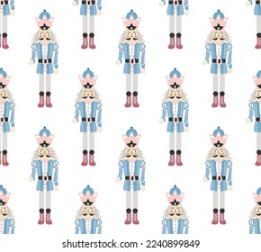 Hand Drawn Nutcracker Seamless Christmas Pattern Cute Illustration Trendy Colors Sweet Gift Concept Perfect for Allover Print Wrapping Paper or Decoration White Background Soft Blue Tones