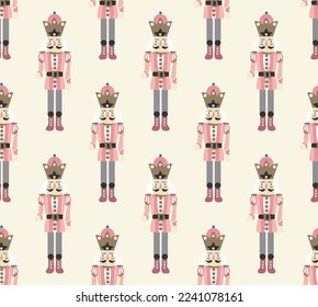 Hand Drawn Nutcracker Seamless Christmas Pattern Cute Illustration Trendy Colors Sweet Gift Concept Perfect for Allover Print Wrapping Paper or Decoration Ecru Background Pastel Pink Tones