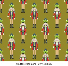 Hand Drawn Nutcracker Seamless Christmas Pattern Cute Illustration Trendy Colors Sweet Gift Concept Perfect for Allover Print Wrapping Paper or Decoration Olive Green Background