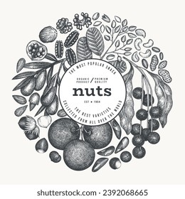 Hand Drawn Nuts Branch And Kernels  Template. Organic Seed Vector Design. Retro Nut Illustration. Engraved Style Botanical Banner.