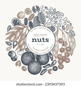 Sucursal De Tubos De Mano Y Plantilla De Kernels. Diseño de vectores de semilla orgánica. Ilustración de las nueces retro. Banner Botánico De Estilo Grabado.