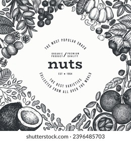 Sucursal De Tubos De Mano Y Plantilla De Kernels. Diseño de vectores de semilla orgánica. Ilustración de las nueces retro. Banner Botánico De Estilo Grabado.