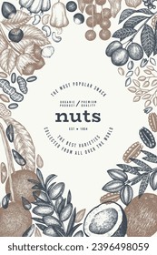 Hand Drawn Nuts Branch And Kernels  Template. Organic Seed Vector Design. Retro Nut Illustration. Engraved Style Botanical Banner.