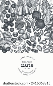 Vorlage für handgezeichnete Nüsse und Kerne. Organisches Seed-Vektordesign. Retro Nut Illustration. Botanisches Banner im Stilstil.