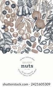 Hand Drawn Nuts Branch And Kernels  Template. Organic Seed Vector Design. Retro Nut Illustration. Engraved Style Botanical Banner.