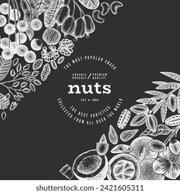 Hand Drawn Nuts Branch And Kernels  Template. Organic Seed Vector Design. Retro Chalk Board Nut Illustration.