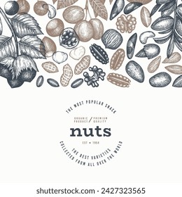 Hand Drawn Nuts Branch And Kernels  Template. Organic Seed Vector Design. Retro Nut Illustration. Engraved Style Botanical Banner.