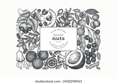 Plantilla De Rama De Tuercas Dibujadas A Mano Y Núcleos. Diseño vectorial de semillas orgánicas. Ilustración de tuerca retro. Banner botánico de estilo grabado.