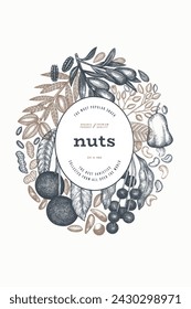 Plantilla De Rama De Tuercas Dibujadas A Mano Y Núcleos. Diseño vectorial de semillas orgánicas. Ilustración de tuerca retro. Banner botánico de estilo grabado.