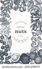 Hand Drawn Nuts Branch And Kernels  Template. Organic Seed Vector Design. Retro Nut Illustration. Engraved Style Botanical Banner.
