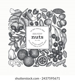 Hand Drawn Nuts Branch And Kernels  Template. Organic Seed Vector Design. Retro Nut Illustration. Engraved Style Botanical Banner.