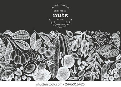Hand Drawn Nuts Branch And Kernels  Template. Organic Seed Vector Design. Retro Chalk Board Nut Illustration.