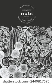 Hand Drawn Nuts Branch And Kernels  Template. Organic Seed Vector Design. Retro Chalk Board Nut Illustration.