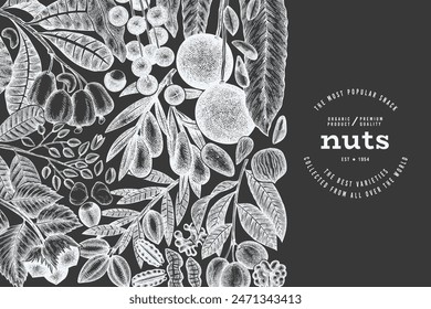 Hand Drawn Nuts Branch And Kernels  Template. Organic Seed Vector Design. Retro Chalk Board Nut Illustration.