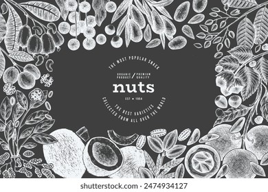 Hand Drawn Nuts Branch And Kernels  Template. Organic Seed Vector Design. Retro Chalk Board Nut Illustration.