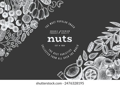 Hand Drawn Nuts Branch And Kernels  Template. Organic Seed Vector Design. Retro Chalk Board Nut Illustration.