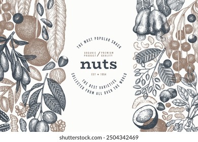 Hand Drawn Nuts Branch And Kernels  Template. Organic Seed Vector Design. Retro Nut Illustration. Engraved Style Botanical Banner.