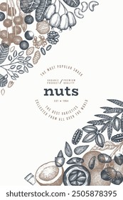 Hand Drawn Nuts Branch And Kernels  Template. Organic Seed Vector Design. Retro Nut Illustration. Engraved Style Botanical Banner.