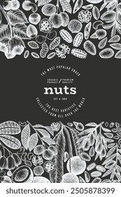 Hand Drawn Nuts Branch And Kernels  Template. Organic Seed Vector Design. Retro Chalk Board Nut Illustration.