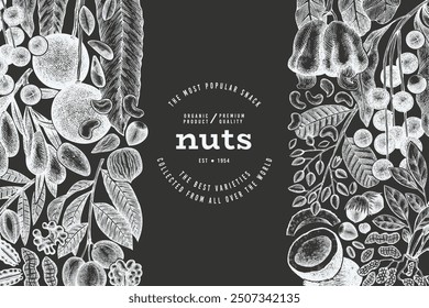 Hand Drawn Nuts Branch And Kernels  Template. Organic Seed Vector Design. Retro Chalk Board Nut Illustration.