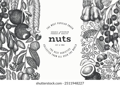 Handgezeichnete Nüsse Zweig und Kerne Vorlage. Bio-Saatgut-Vektordesign. Darstellung der Rückgratmutter. Botanisches Banner im Gravurstil.