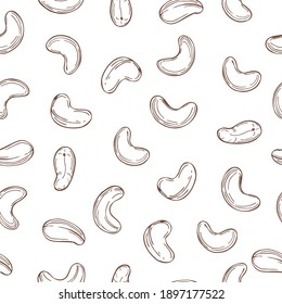 Hand drawn nuts. Cashew nuts on white background. Vector  seamless pattern.