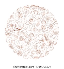 Hand drawn nuts in a circle. Vector sketch  illustration.