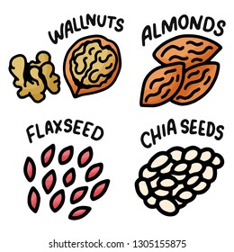 Hand drawn nuts doodle for wallpaper design. White background. Nature logo collection. Line art Diet healthy food. Vector