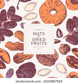 Hand drawn nuts and dried fruits seamless pattern.Background design template