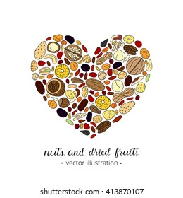 Hand drawn nuts and dried fruits composed in heart shape. Pecan, cashew, almond, brazil, pistachio, macadamia, hazelnut, walnut, peanut, fig, pineapple, cherry, strawberry, goji.