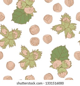 Hand drawn nuts. Hazelnut nut. Vector  seamless pattern