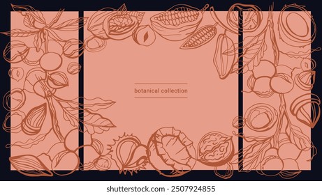 Tuercas dibujadas a mano. Nueces y hojas de macadamia sobre fondo claro. Patrón sin fisuras de Vector. Plantilla de diseño. Ilustración vectorial botánica de brunch de macadamia.