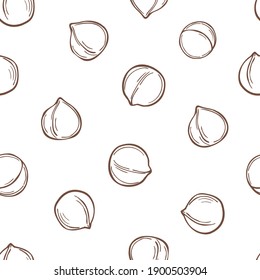 Hand drawn nuts. Macadamia on white background. 
Vector  seamless pattern.