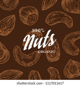 Hand Drawn Nuts Pattern Card. Abstract Vector Cashew, Hazelnut and Almond Sketch Background.