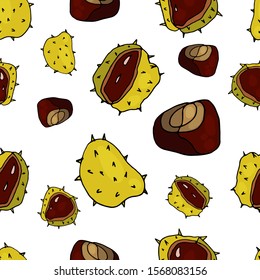 Hand drawn nuts seamless pattern. Abstract background from chestnut. White background, vector illustration in cartoon style.