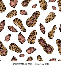 Hand drawn nuts seamless pattern. Abstract background made of peanuts. White background, vector illustration.