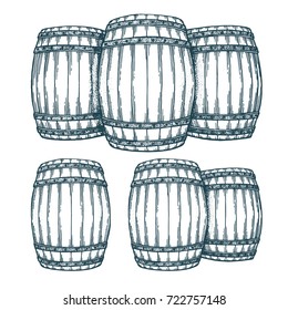 Hand drawn oak barrel illustrations set.
Wine, beer or whiskey wooden casks.
Vintage engraved style drawing vector.