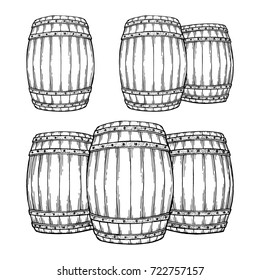 Hand drawn oak barrel illustrations set.
Wine, beer or whiskey wooden casks.
Vintage engraved style drawing vector.