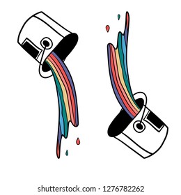Hand Drawn object can of paint with minimal line style and colorful rainbow inside. Doodle card. Illustrations Drawing a Vector Sketch for textile, print, postcard, poster, apparel, t-shirt, 