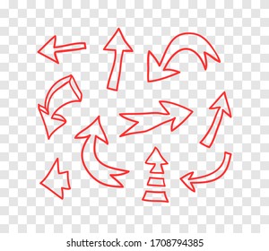 Hand drawn object for design use. Red doodle arrows on transparent background. Abstract pen drawing. Vector art illustration