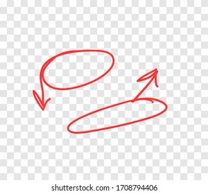 Hand drawn object for design use. Red doodle circle frame and arrows on transparent background. Abstract pen drawing. Vector art illustration