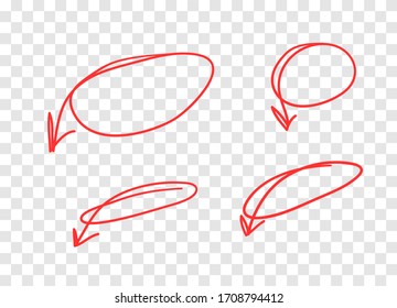 Hand drawn object for design use. Red doodle circle frame and arrows on transparent background. Abstract pen drawing. Vector art illustration