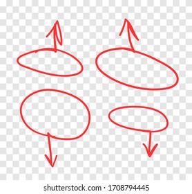 Hand drawn object for design use. Red doodle circle frame and arrows on transparent background. Abstract pen drawing. Vector art illustration