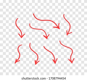 Hand drawn object for design use. Red doodle arrows on transparent background. Abstract pen drawing. Vector art illustration